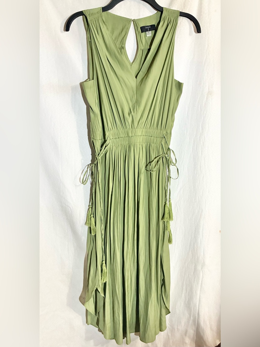 Tahari Green Draped Midi Dress Sz S/P  Tassel Ties Gathered Party Cruise Sexy